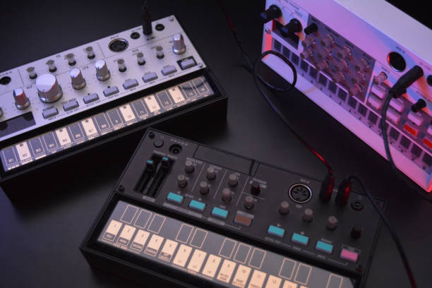 istock Electronic musical instrument or audio mixer or sound equalizer with patch cables (analog modular synthesizer) 643835018