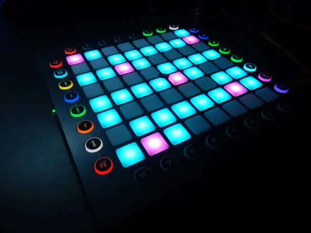 glowing Launchpad on black background ( Electronic musical instrument )