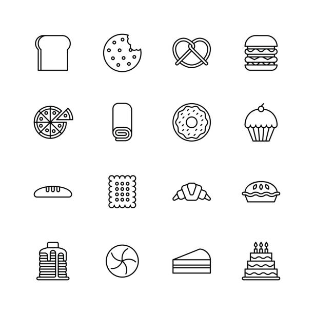 Baked bakery bread icons - line Baked bakery bread icons - line Vector EPS File. cake symbols stock illustrations