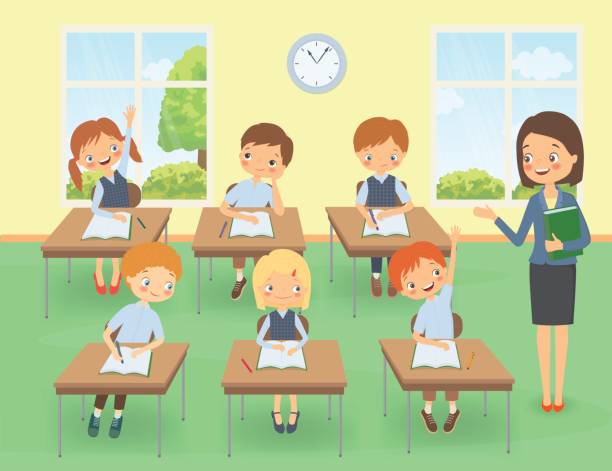 Teacher with pupils in a classroom at a lesson Teacher with pupils in a classroom at a lesson. Cartoon vector illustration kids classroomv stock illustrations