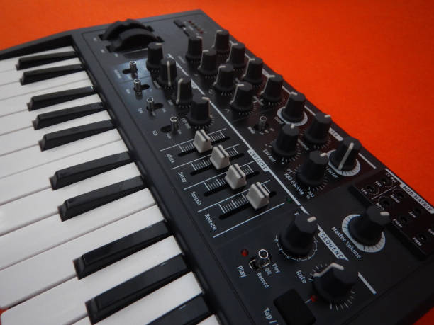istock Electronic musical instrument or audio mixer or sound equalizer on a orange background (analog modular synthesizer) 643836400
