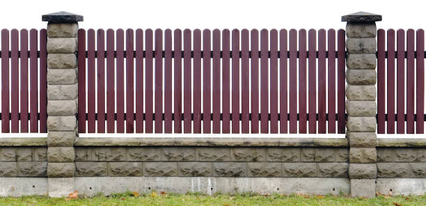 istock Fence made from red wooden vertical planks. Isolated with path fragment 643844476