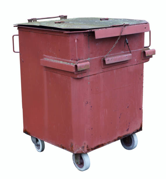 istock Vintage red container for food waste manually welded from steel sheets. Isolated on white 643844710