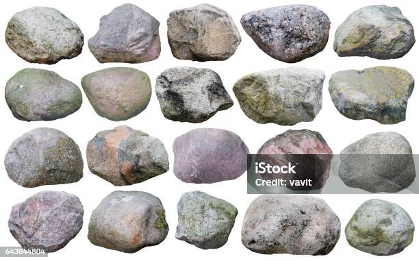 Twenty Big Granite Stones And Boulders Of Various Forms And Colors Set Isolated On White Collage From Many Outdoor Photos Stock Photo - Download Image Now