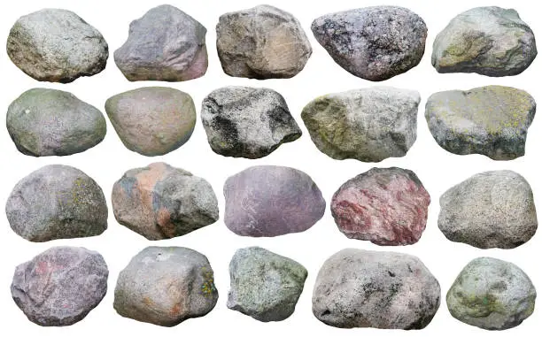 Photo of Twenty big granite stones and  boulders of various forms and colors  set. Isolated on white collage from many  outdoor photos