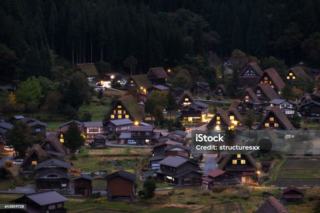 Shirakawa go view at night View of The Historic Villages of Shirakawa (Shirakawa-go) in Autumn Aerial View Stock Photo