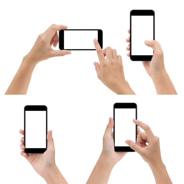 удержание жеста руки и использование телефона, изолированного на белом фоне - кисть руки фотографии стоковые фото и изображения