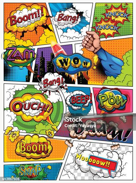 Comicbuchseite Geteilt Durch Linien Mit Speech Bubbles Rakete Superhelden Und Klänge Wirkung Retrohintergrund Mockup Comicvorlage Vektorillustration Stock Vektor Art und mehr Bilder von Comic - Publikation