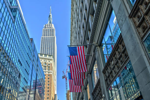 Empire State Building with American Flags on a Blue Sky Day