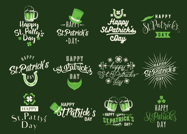 ilustrações de stock, clip art, desenhos animados e ícones de vector illustration of happy patricks day typography text design - st patricks day spring clover leaf shape clover