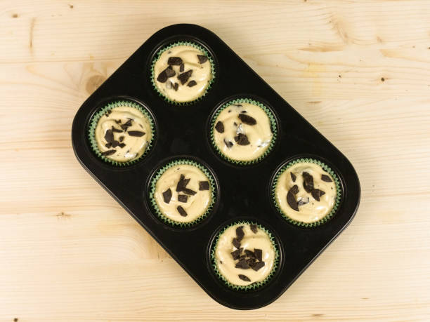 istock Uncooked muffin with chocolate drops on wood 643889956