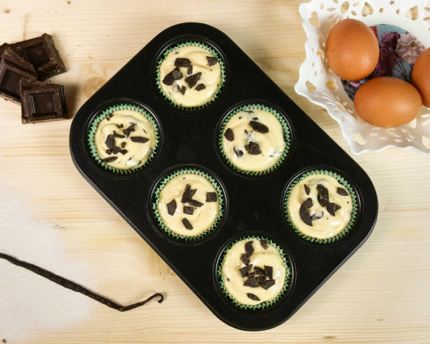 istock Uncooked muffin with chocolate drops - top view 643890784