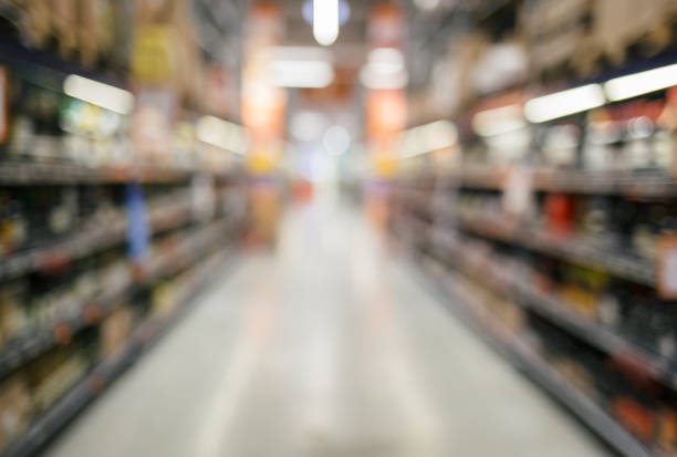 istock Blurred supermarket aisle and shelves 643891186