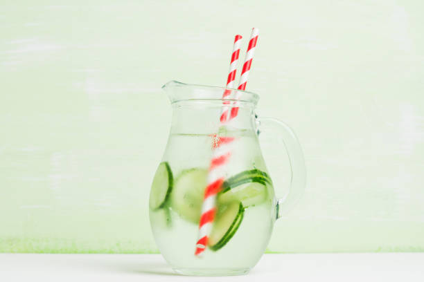 istock Cold water with cucumber and ice in pitcher 643894268