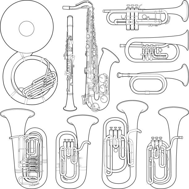 illustrazioni stock, clip art, cartoni animati e icone di tendenza di collezione di strumenti musicali - illustrazione vettoriale - trumpet musical instrument music brass