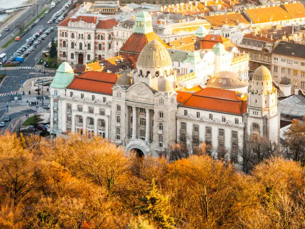 Aerial view of Gellert thermal spa historical building from Gellert Hill, Budapest, Hungary, Europe.