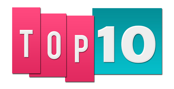 Top 10 ten written over pink blue background.