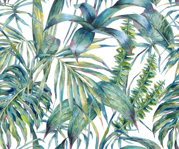 자연 잎 이국적인 수채화 원활한 패턴 - botany wallpaper pattern wallpaper illustration and painting stock illustrations