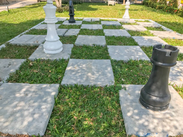 istock outdoor big chess and Checkered flag 643923826
