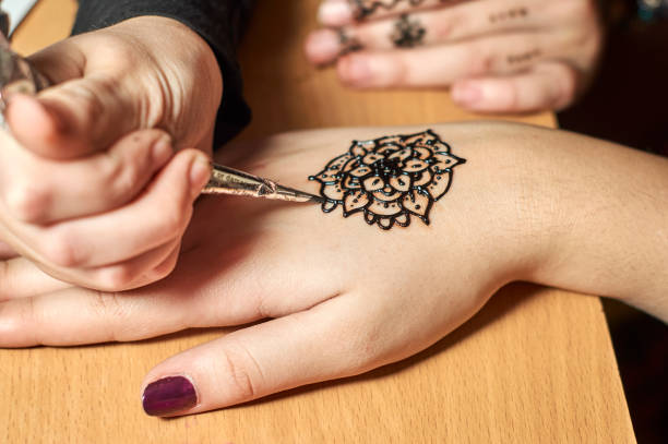 istock Girl drawing patterns by henna on the hands 643926938