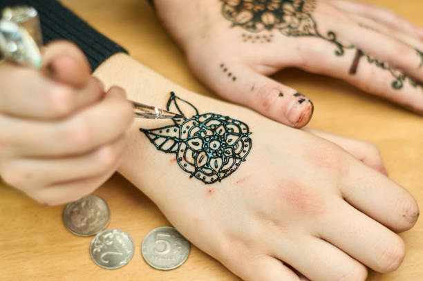 istock Gifted girl draws patterns by henna on the hands 643927020