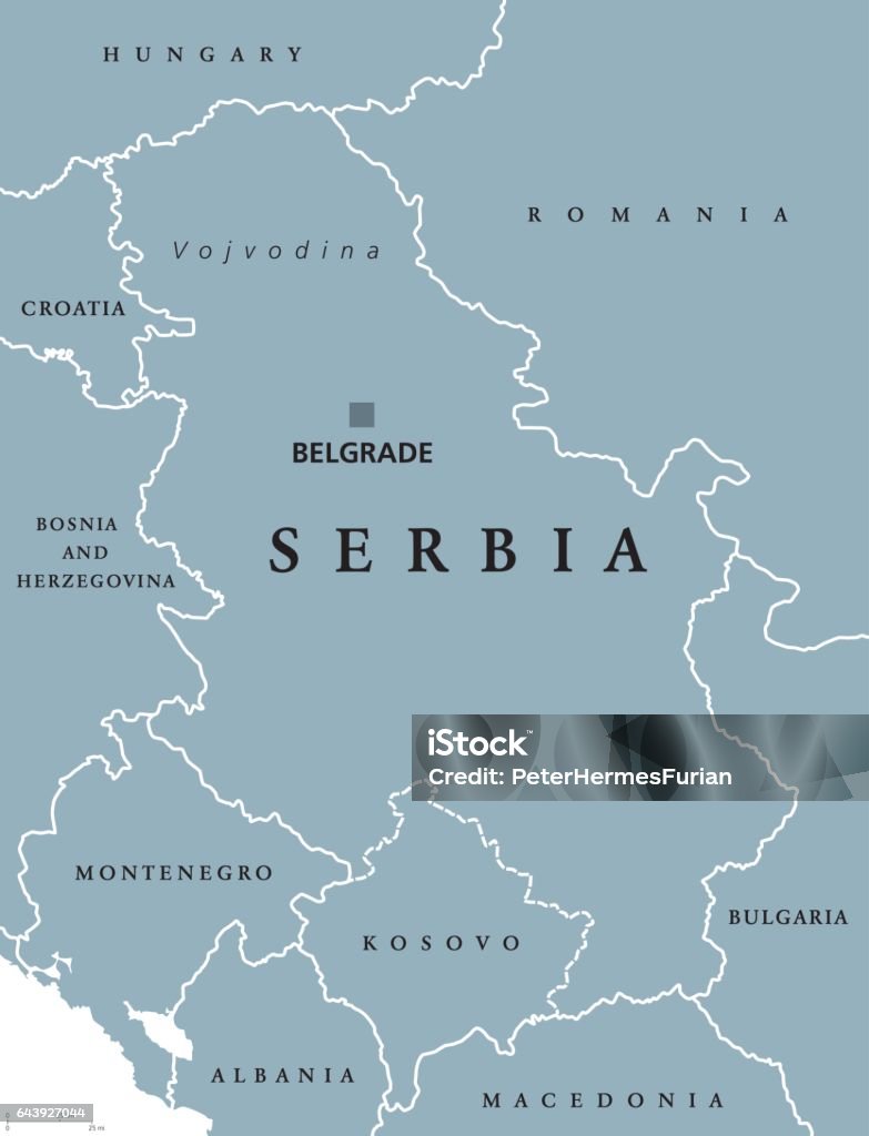 Serbia political map with capital Belgrade Serbia political map with capital Belgrade and neighbor countries. Republic in Southeastern Europe located on the Balkan Peninsula. Gray illustration with English labeling on white background. Vector. Serbia stock vector