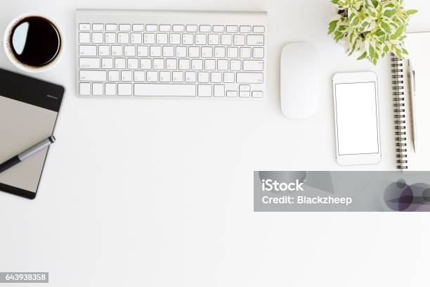 White Workspace Desk On Top View Stock Photo - Download Image Now - Design Studio, Book, Coffee - Drink