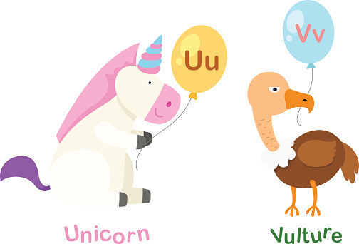 Illustration Isolated Alphabet Letter U-unicorn,,V-vulture vector
