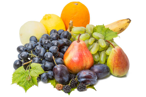 istock Heap different fruits on white 643947438