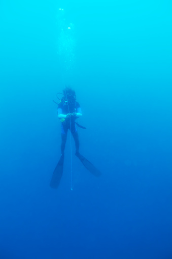 Silhouette of Young Man Scuba Diver between Water Surface and Sea Bottom