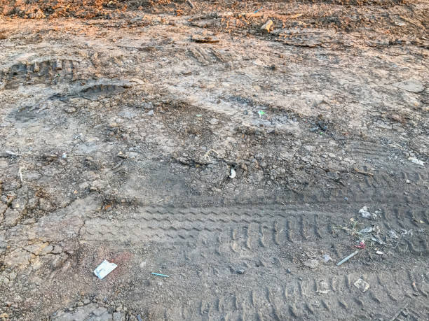 istock Wheel tracks on country road 643950352