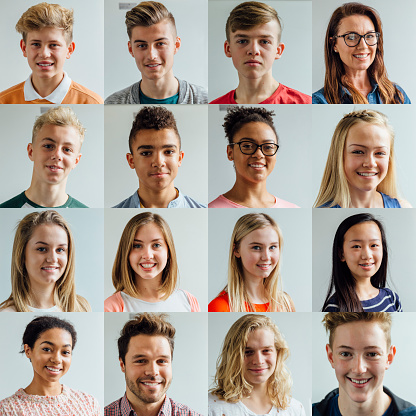 4x4 collage of headshots of high school students and teachers. They are wearing casual and formal clothing and are smiling.