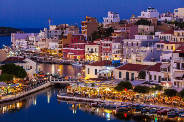 istock Agios Nikolaos City at Night, Crete, Greece 643956262