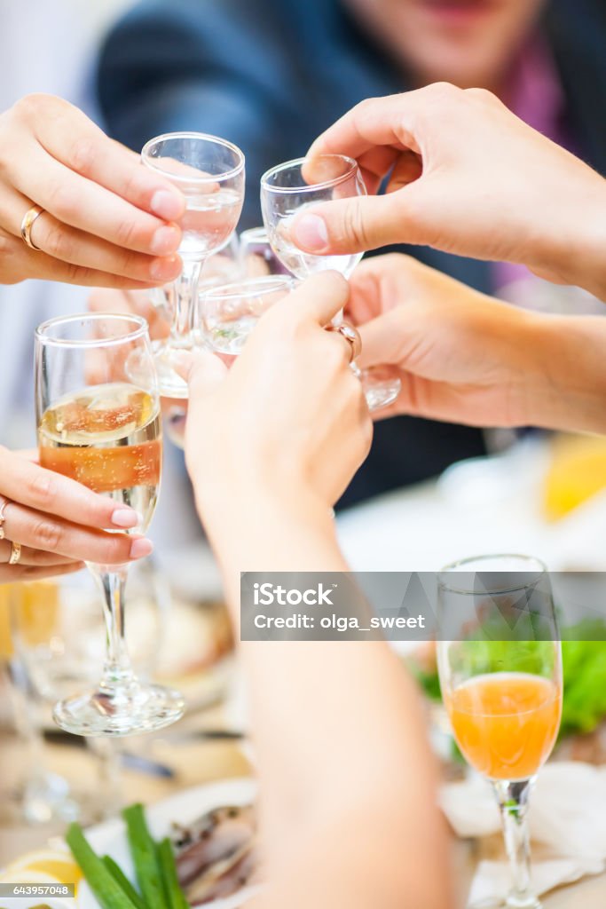 Holiday Event people cheering each other with champagne and vodka Celebratory Toast Stock Photo