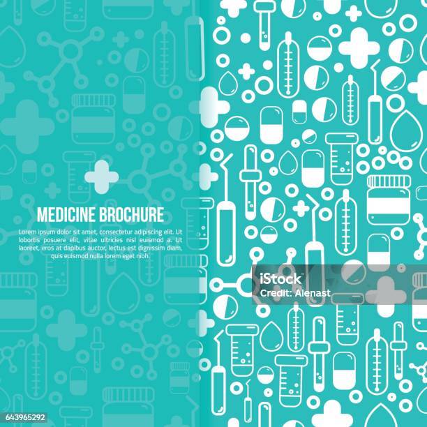 Vetores de Layout De Design De Brochura Médicos De Cuidados De Saúde Folheto De Vetor Em Tamanho Quadrado Com Itens De Farmácia De Contorno e mais imagens de Farmácia