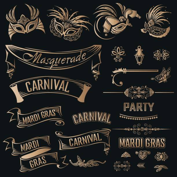 Mardi Gras Vintage set Mardi Gras Vintage set on a dark background masquerade mask stock illustrations