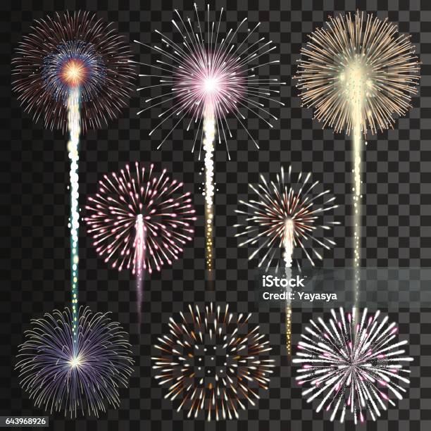 Set Of Isolated Vector Fireworks On Transparent Background Stock Illustration - Download Image Now