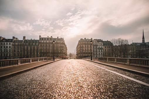 Paris street at sunset