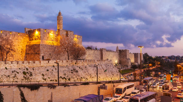istock Ancient Citadel inside Old City at Night, Jerusalem 643978056