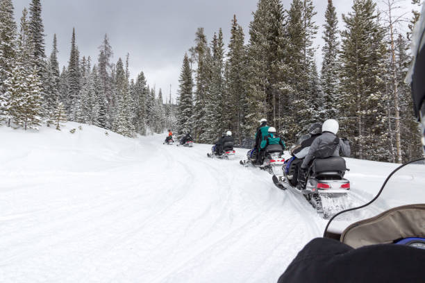 snowmobiling en el parque nacional de las montañas rocosas - motoesquí fotografías e imágenes de stock