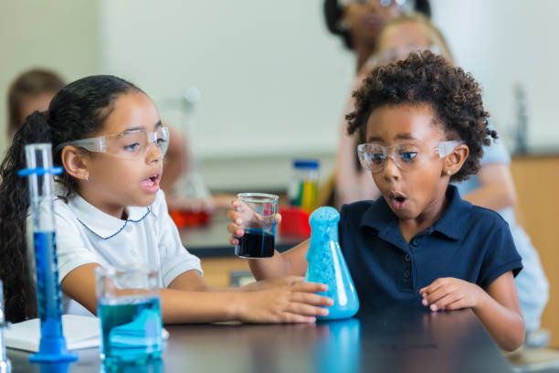 istock Elementary schoolgirls are surprised at chemical reaction in science class 643984476