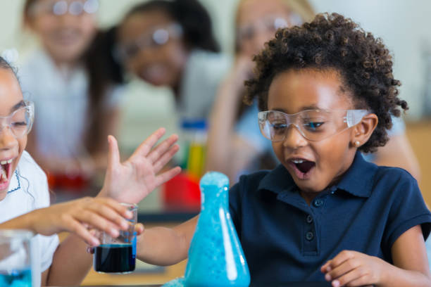 istock Excited students are surprised at chemical reaction 643984494