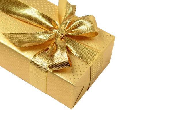 istock Golden gift box with golden ribbon over white background. 643990700