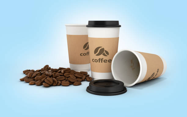 istock Paper coffee cup with coffee beans on blue gradient background 643991266