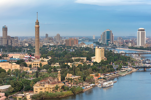 The view of Gezira Island with Cairo Tower in the middle of the island, on the right side river Nile,