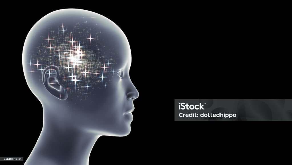 beautiful woman with pink and blue bright stars in her head in front of a black background conceptual 3d illustration Abstract Stock Photo