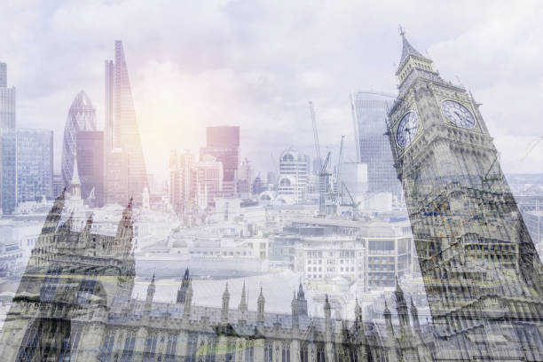 istock Double exposure of Big Ben with London view 644007580
