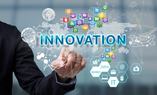 istock Businessman hand chooses Innovation wording on interface screen. 644035308