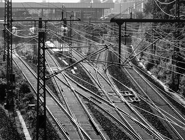 istock High Angle View Of Cables Over Railroad Tracks 644035573