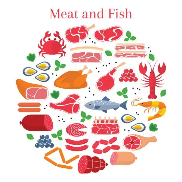 Vector illustration of Vector flat illustration with different kinds of meat and fish